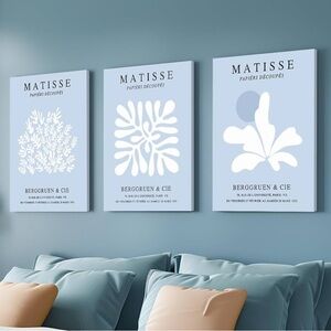 Matisse Flower Wall Art Canvas 12x16 Inch Set of 3 Abstract Light Blue Canvas